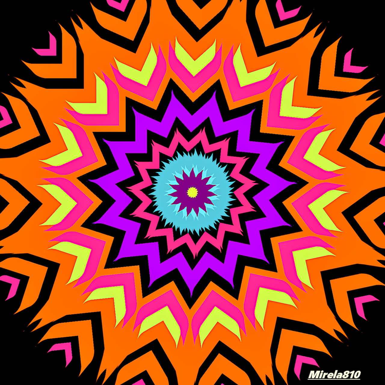 Colorful symmetrical mandala with zigzag geometric pattern in orange, pink, purple, blue, and black