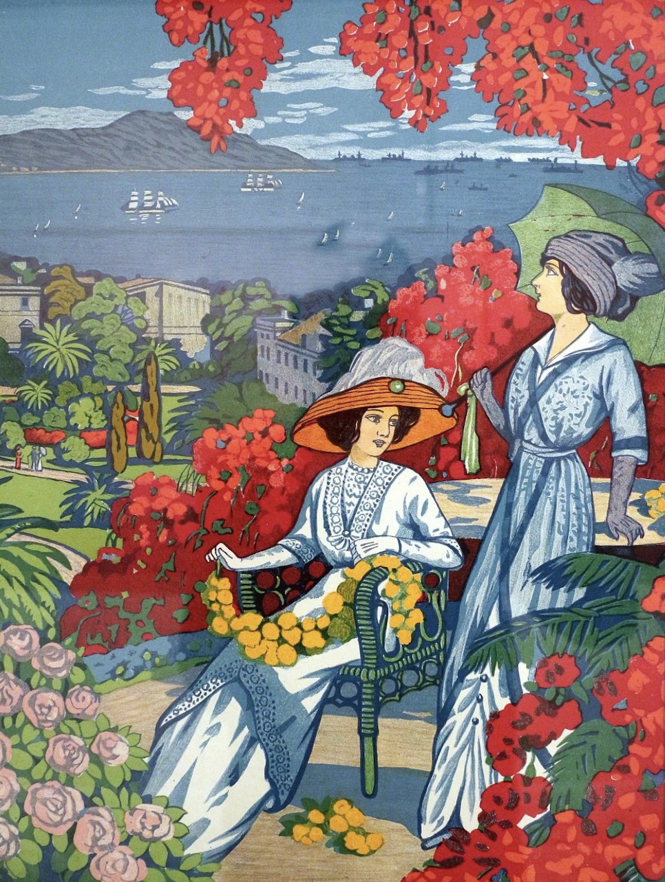 Vintage illustration of two women in a garden with red blooming trees, roses, and a lake vista behind them.