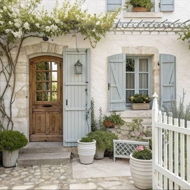Charming cottage entrance with wooden door, blue shutters, vines, potted plants, and white picket fence