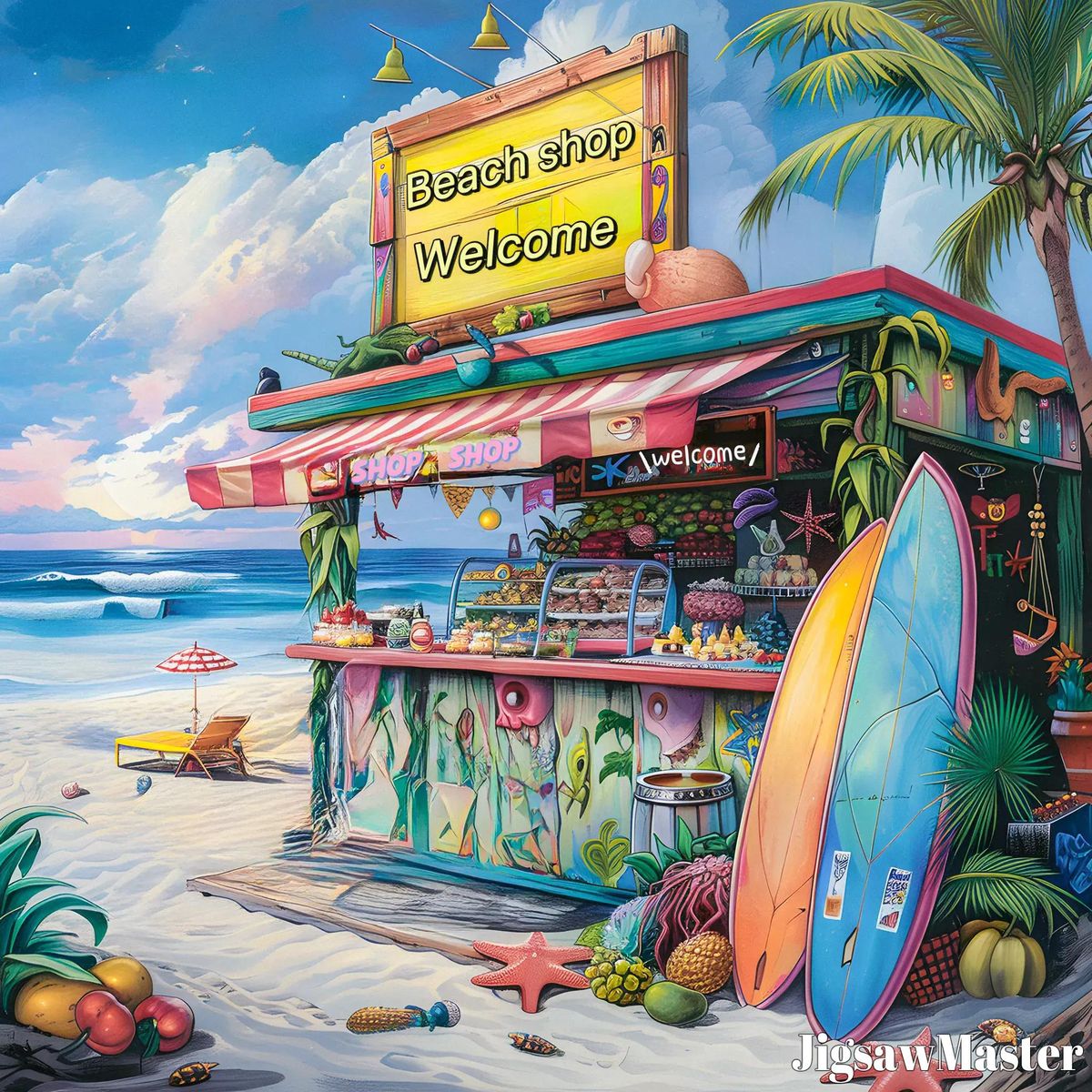 Colorful tropical beach shop with surfboards, palm trees, and ocean backdrop