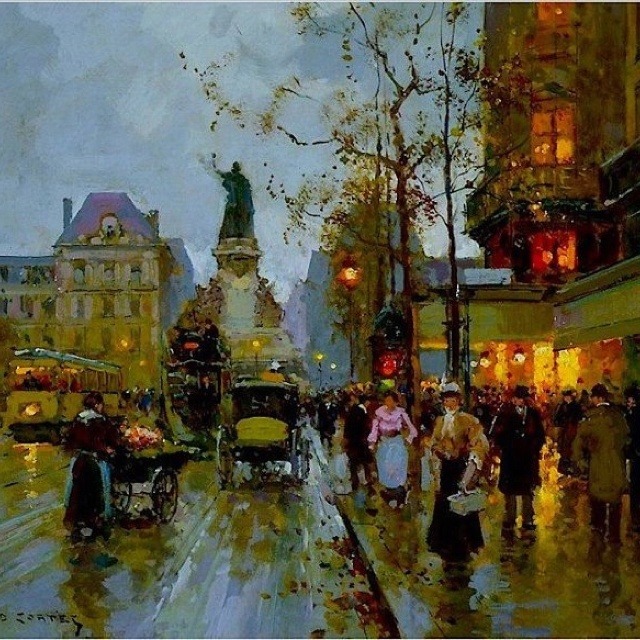 Impressionist painting of a rainy city street with people, carriages, and glowing storefronts