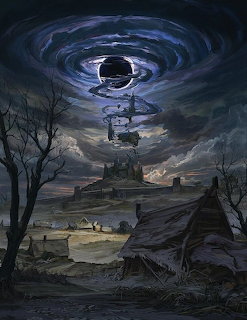 Dark fantasy illustration of large tornado spiral above ruined structures in desolate landscape