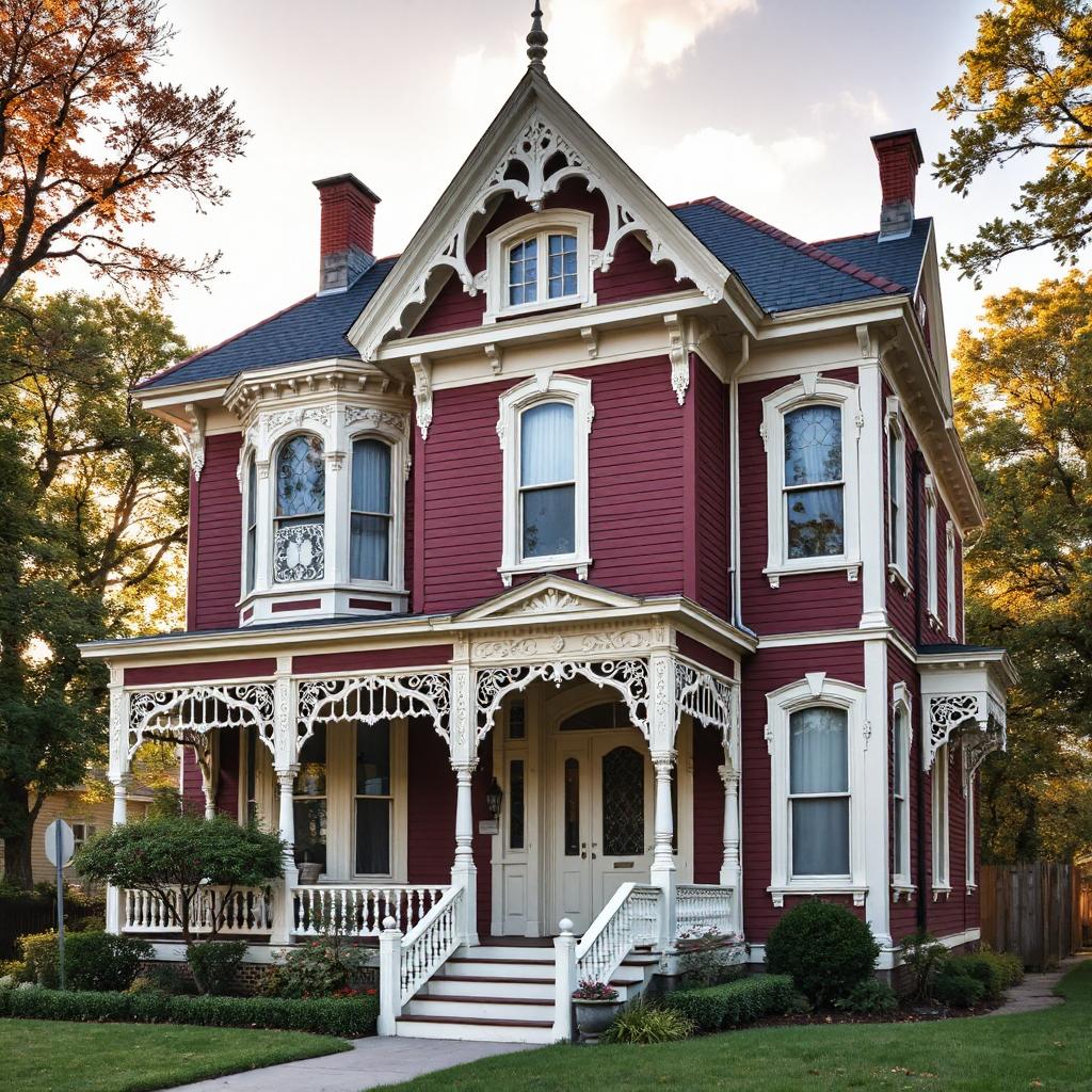 Victorian mansion with purple-pink siding, white ornate trim, wraparound porch, and autumn foliage