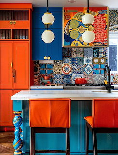 Colorful kitchen with orange cabinets, blue stools, and mosaic tile backsplash