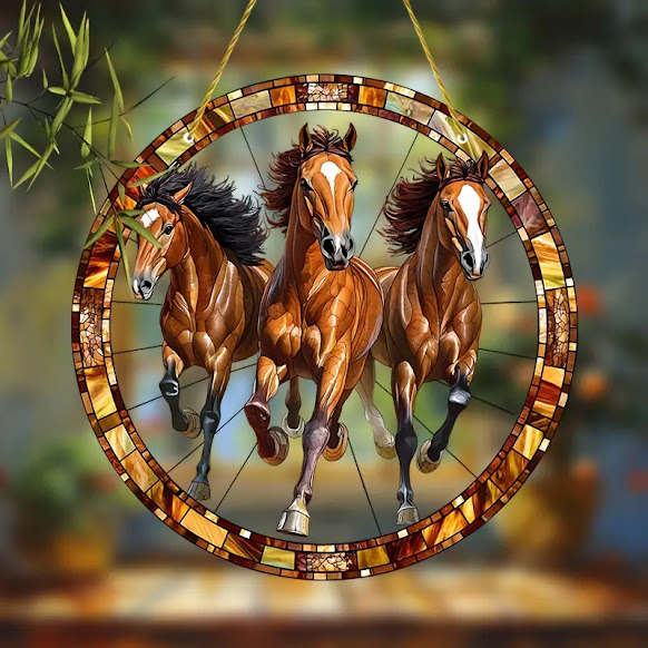 Three brown horses running inside a circular stained glass frame