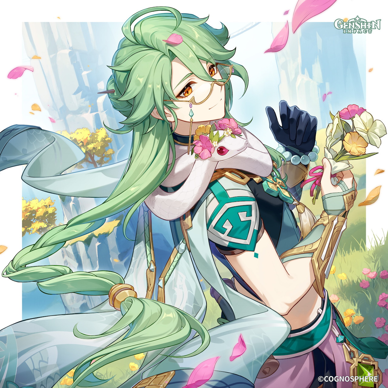 Anime character Baizhu with long green hair and glasses holding a white snake, surrounded by flowers and pink petals