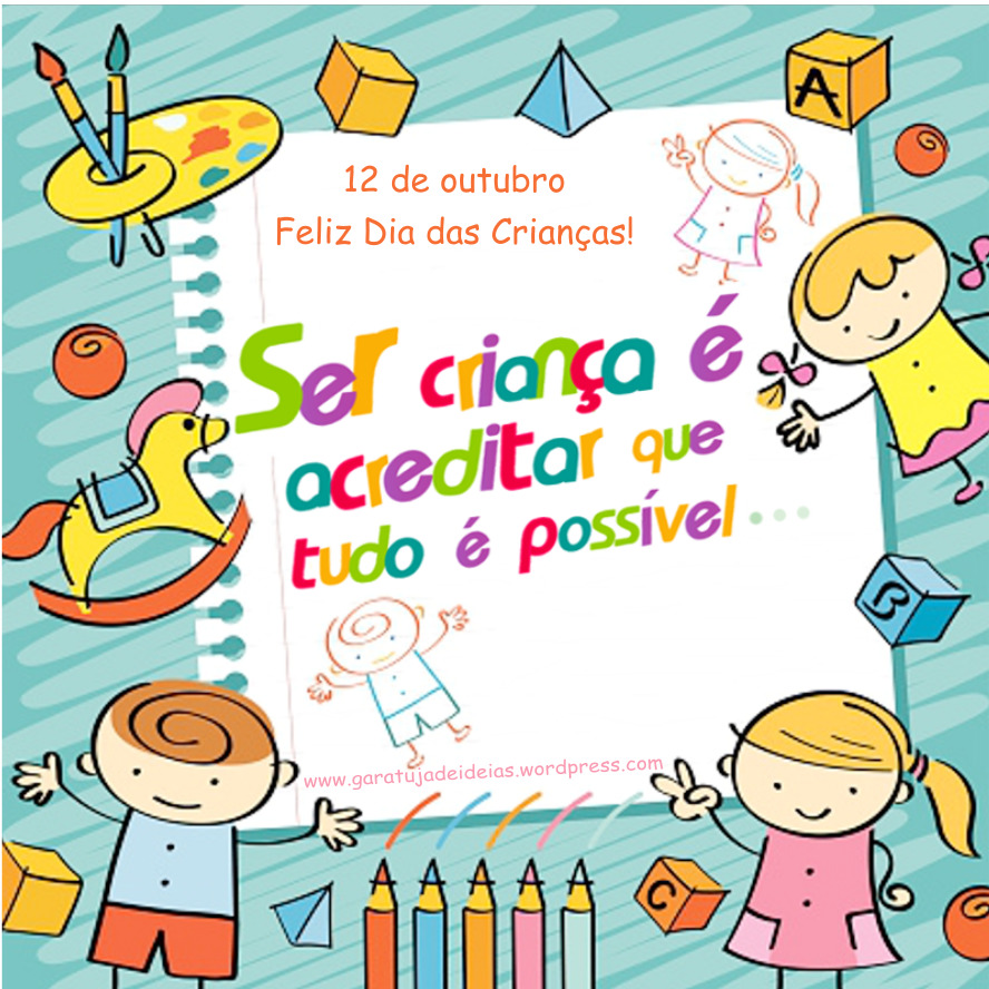 Colorful cartoon Children's Day card with kids, toys, crayons, and Portuguese greeting text