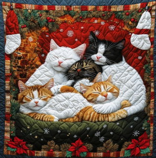 Quilted art showing four cats cuddled together sleeping in a green basket with festive patchwork border