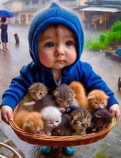 Child Holding Basket of Kittens