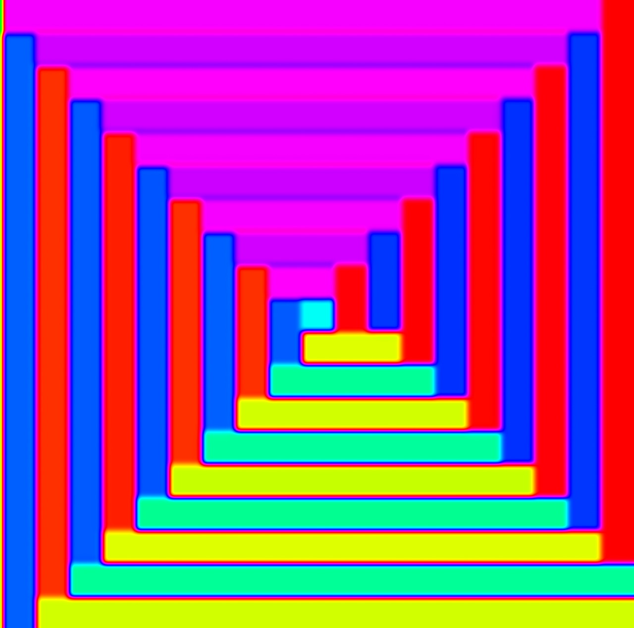 Colorful nested rectangles forming a geometric tunnel pattern in bright neon colors