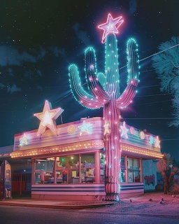 Neon-lit roadside diner at night with a large glowing cactus sign and star decorations