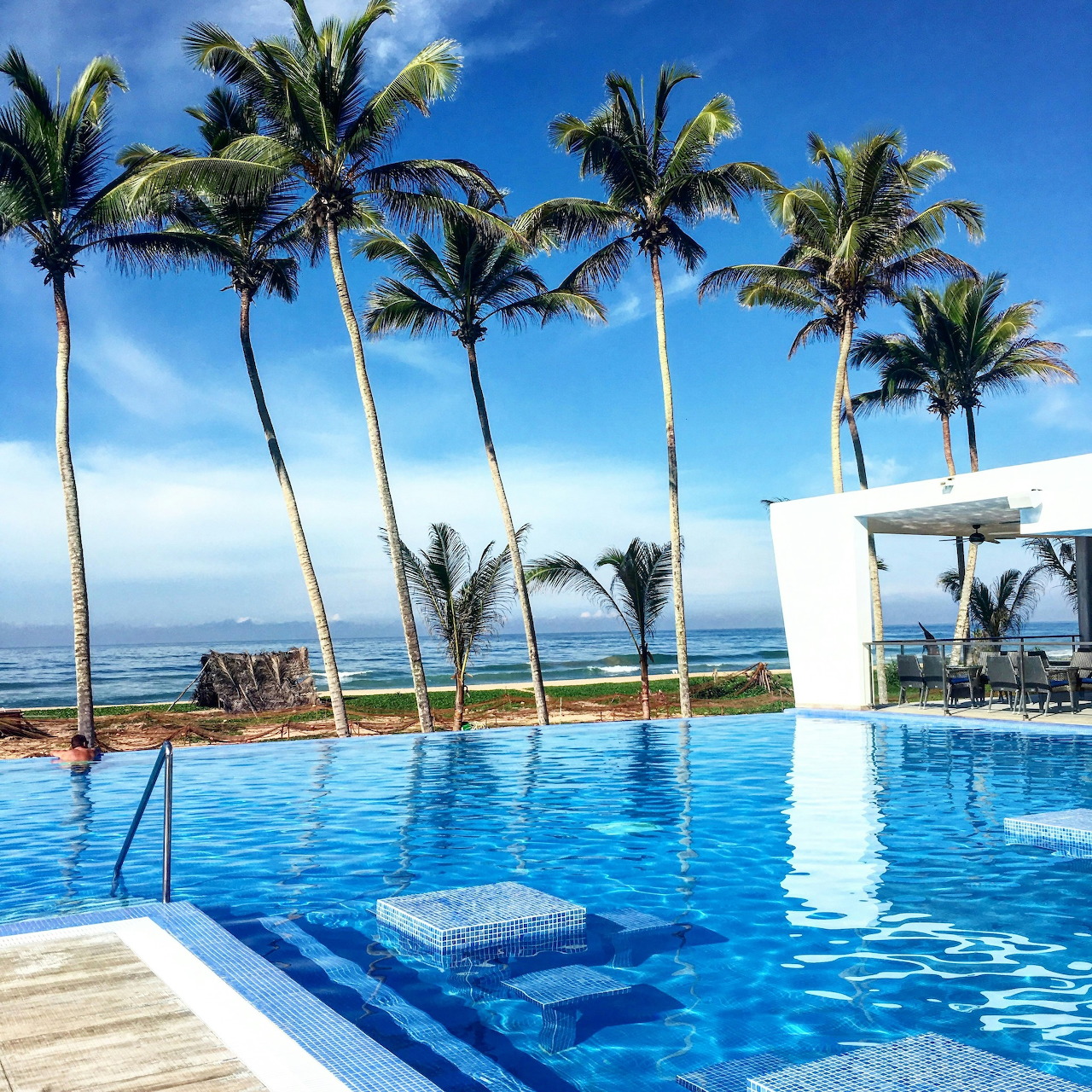 Infinity pool with palm trees and ocean view at tropical resort