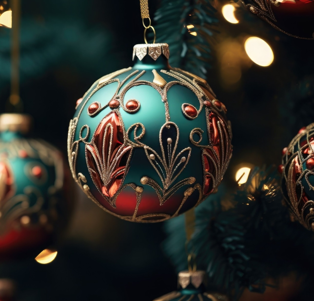 Decorative teal Christmas ball ornament with metallic copper art nouveau design hanging on pine tree with blurred lights