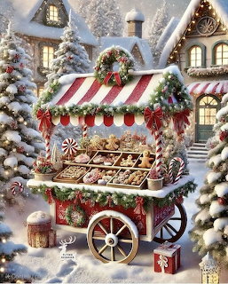 Decorated gingerbread cookie cart with Christmas wreaths in snowy village setting