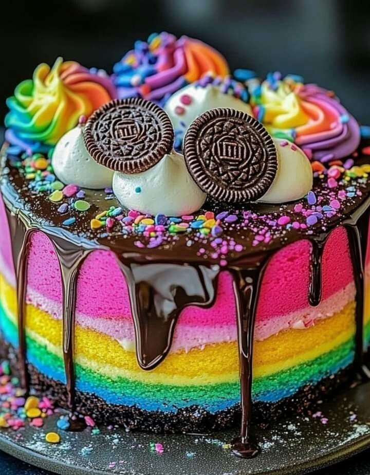 Rainbow layer cake with multicolored frosting swirls, Oreo cookies, chocolate drip, and sprinkles