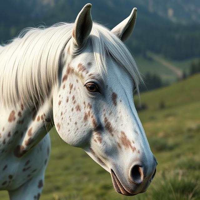 White Appaloosa horse with brown spots on face in profile against green countryside
