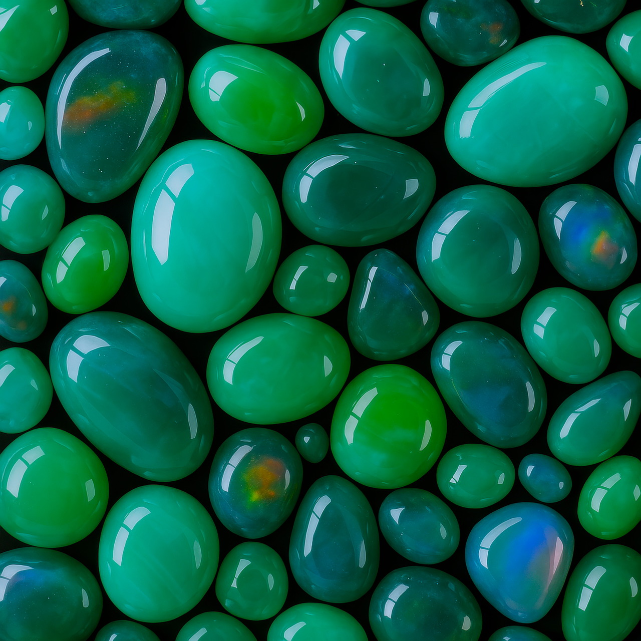 Collection of smooth polished green gemstones in varying sizes and shades with glossy reflective surfaces