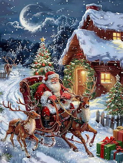 Santa in sleigh with reindeer flying past snowy cottage on Christmas Eve under full moon