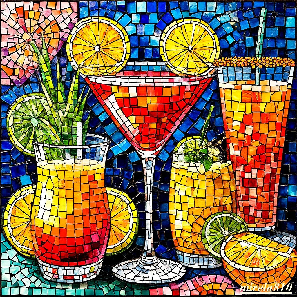 Mosaic art of three colorful cocktail drinks with citrus garnishes on blue tiled background