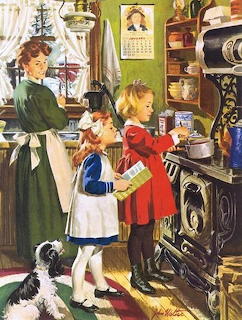 Vintage illustration of a mother and two children baking in a warm kitchen with a dog nearby