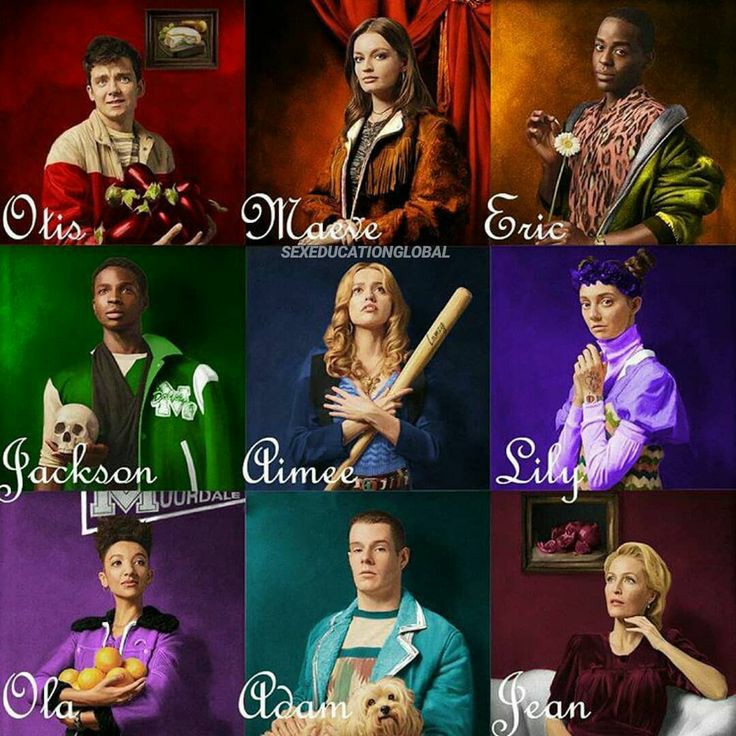 Colorful 3x3 collage of nine character portraits against bright studio backgrounds