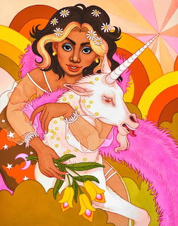 Illustration of woman with dark hair embracing white unicorn against orange and pink sunburst background with flowers
