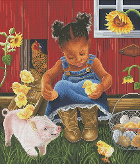 Child in blue dress playing with baby farm animals and chicks in front of red barn with sunflowers