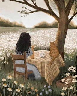 Painting of a woman and orange cat at a table under a tree beside a flower field