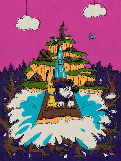 Colorful cartoon of Splash Mountain ride with waterfall and Disney characters on log