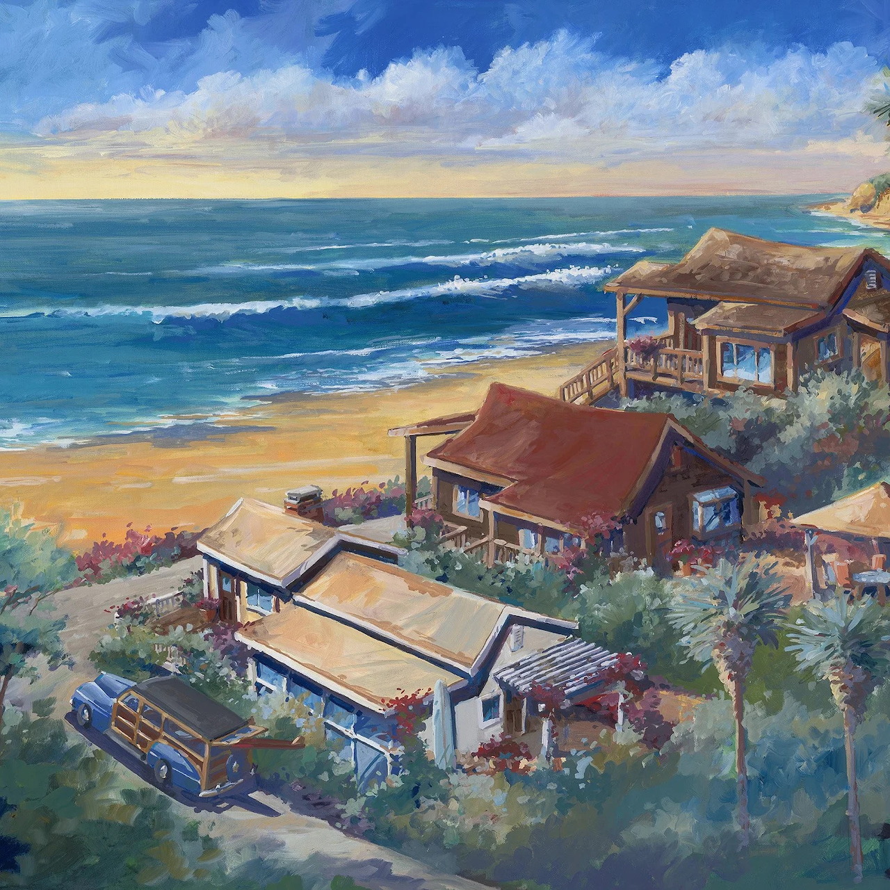 Oil painting of beach houses on hillside overlooking ocean waves and sandy beach with blue sky