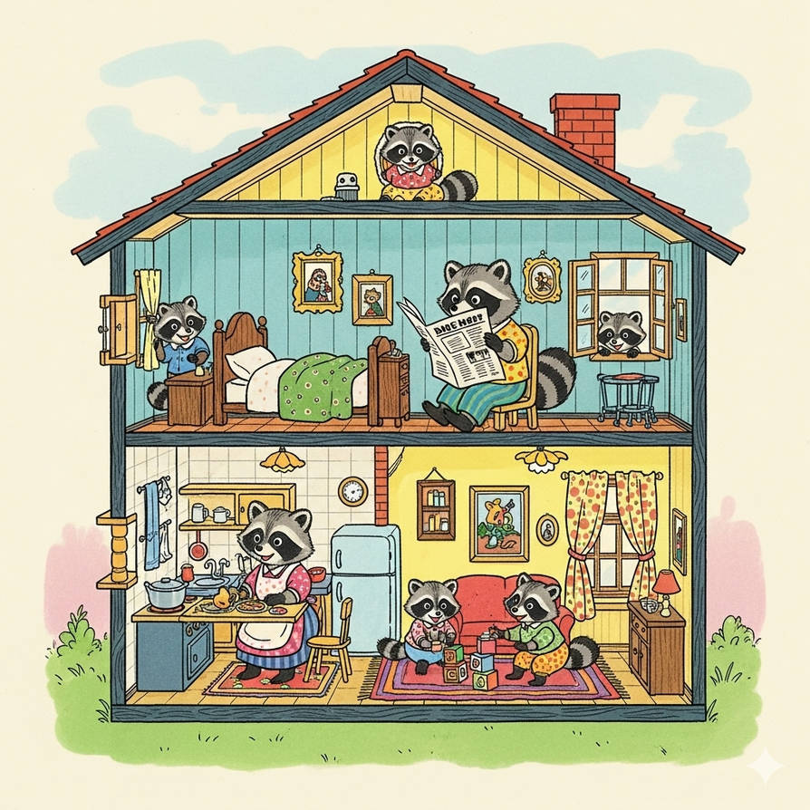 Illustrated cutaway dollhouse showing cartoon raccoon family in colorful rooms across two floors