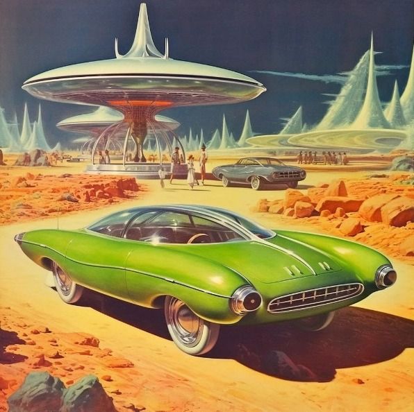 Illustration of a green futuristic car in an alien desert with retro sci-fi buildings