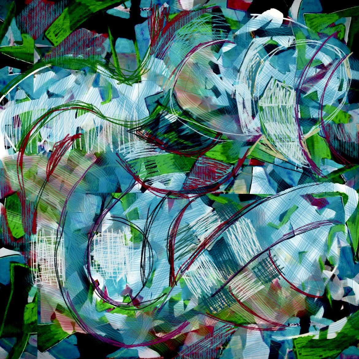 Abstract painting with swirling turquoise and white curved forms on dark multicolored background