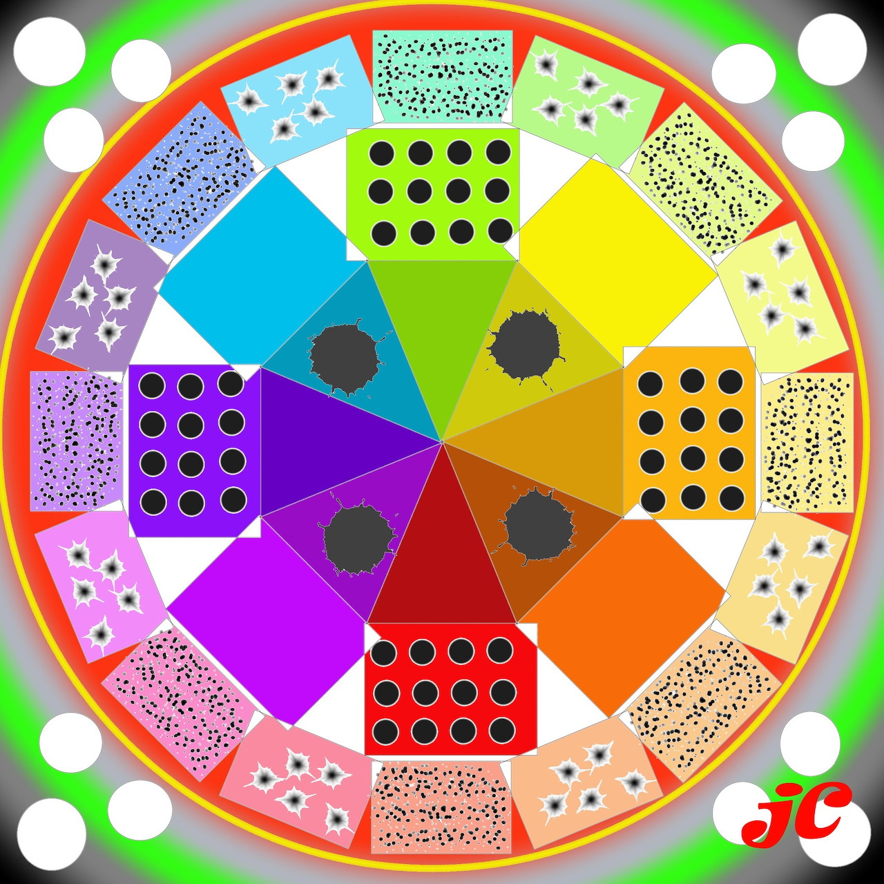 Circular board game with rainbow wedges, dots, and patterned squares arranged around center on green background