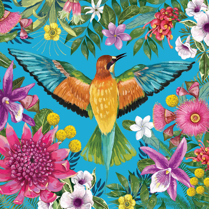 Colorful illustrated bird with outstretched wings surrounded by bright flowers on a blue background
