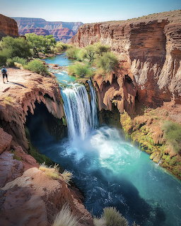 Waterfall flowing into turquoise pool in red rock desert canyon with green vegetation