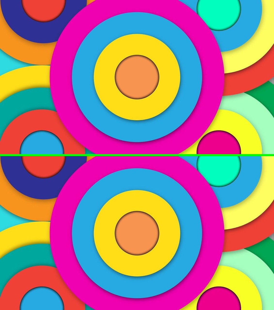 Abstract pattern of colorful concentric circles with bright pink, yellow, cyan, orange and green rings