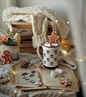Cozy Christmas scene with hot cocoa, gingerbread cookies, candy canes, an open book, and fairy lights
