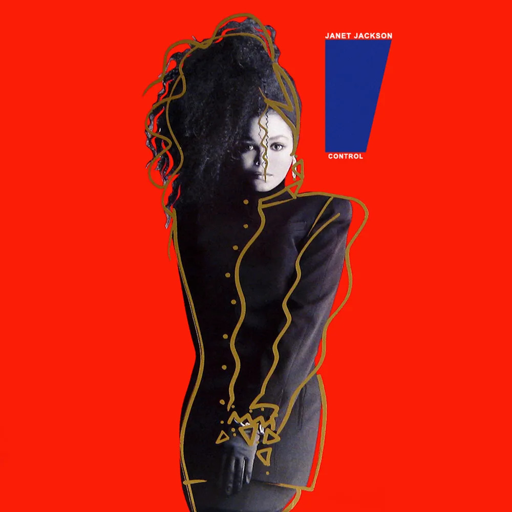 Janet Jackson in black jacket with gold buttons posing against red background, album cover art