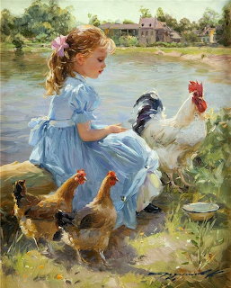 Young girl in blue dress feeding chickens and rooster by pond in impressionist oil painting