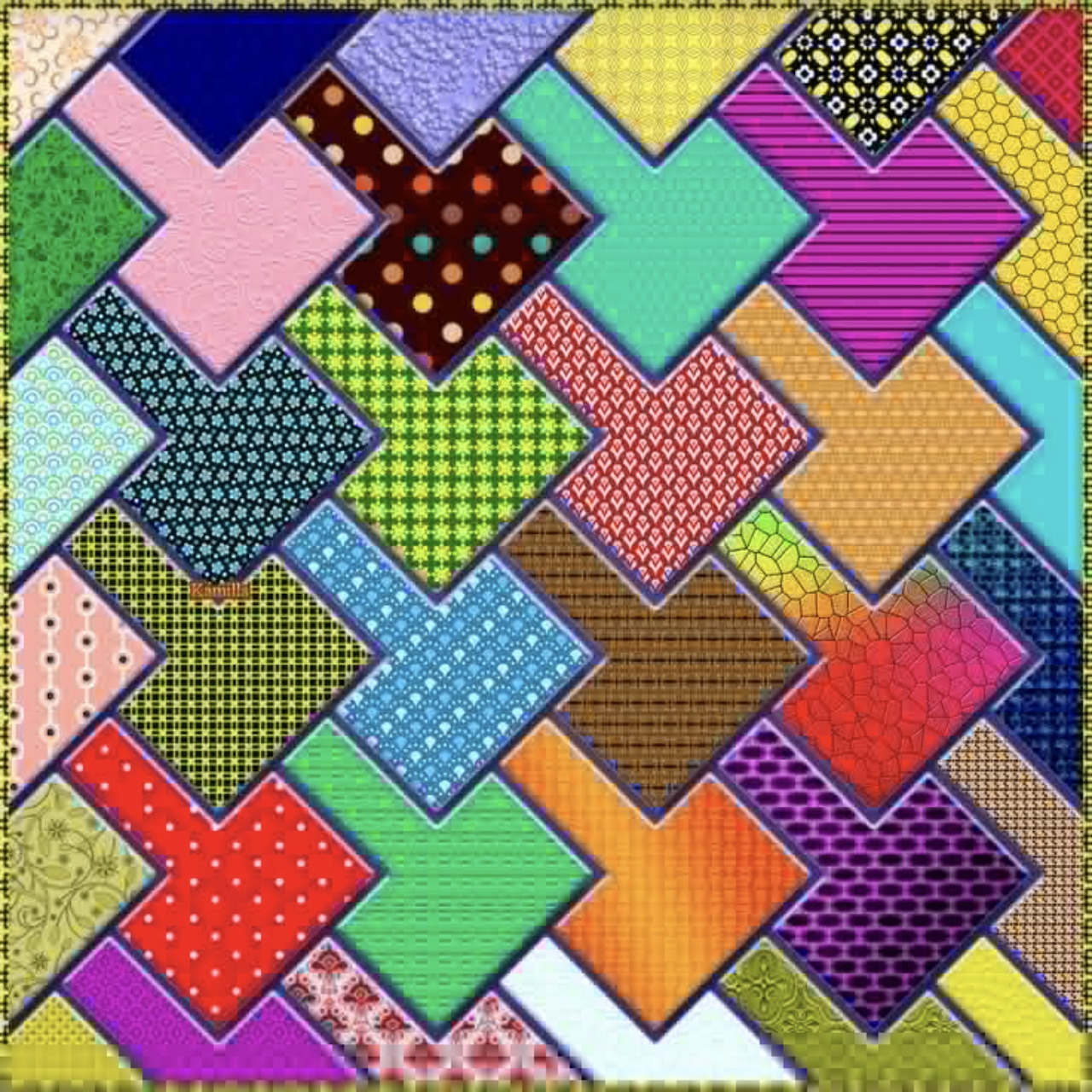 Colorful overlapping squares with various patterns including dots, stripes, and geometric designs in vibrant colors