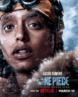 Close-up of person wearing aviator goggles and fur-lined winter hood with snow, from One Piece series poster