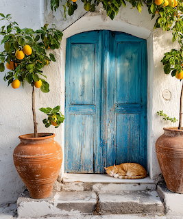 Orange cat sleeping on doorstep of weathered blue door flanked by potted lemon trees and terracotta urns