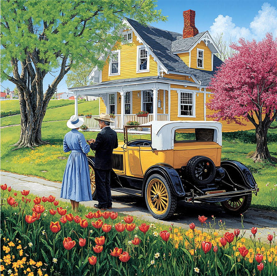 Couple in vintage clothing standing by classic yellow car in front of yellow house with colorful spring tulip garden
