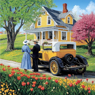 Vintage Car Spring Garden Scene