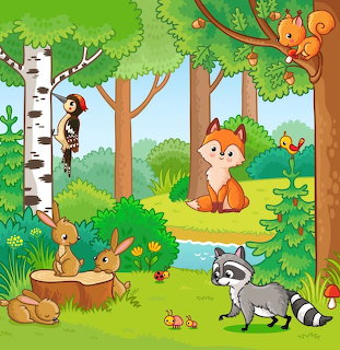 Cartoon forest scene with fox, raccoon, rabbits, squirrel, and birds among trees and flowers