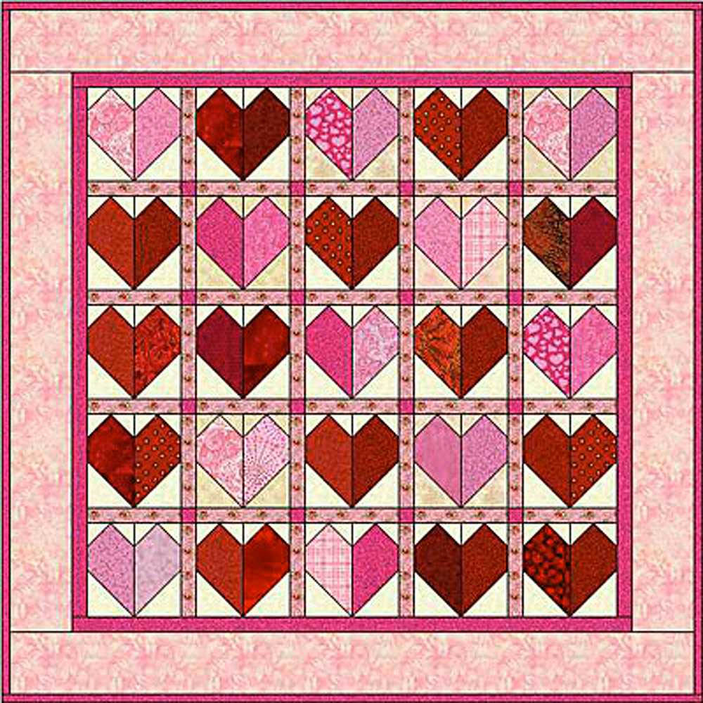 Quilt square with pink and red heart pattern blocks in geometric grid layout