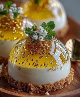 Yellow glazed dome dessert with white cream base and crumb crust, topped with mint and berries