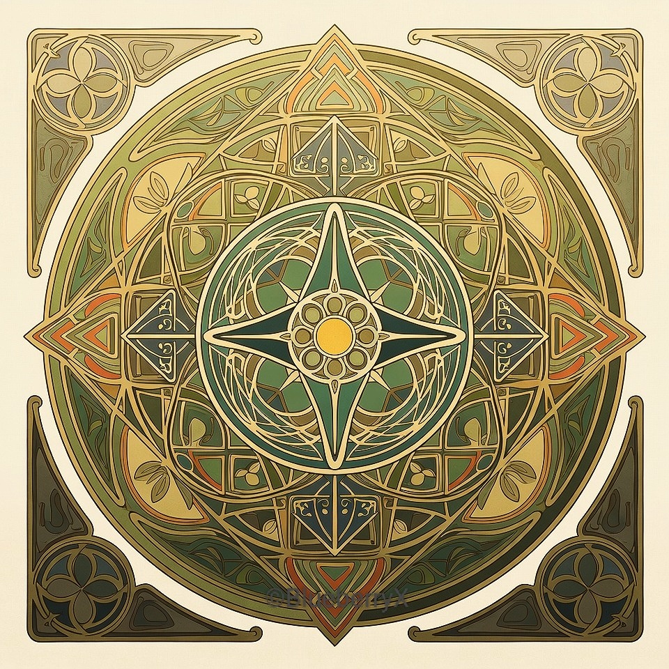Ornate golden mandala with symmetrical geometric patterns and decorative corner elements on a square background