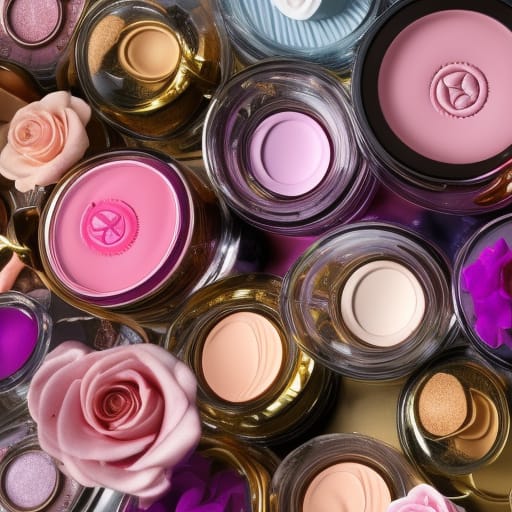 Close-up of pink and nude makeup jars with roses and purple flowers
